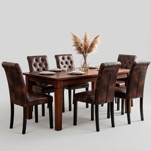 Button-Tufted Dining Chair, Set of 6, Vintage Brown
