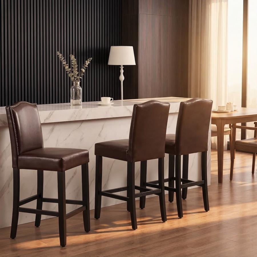 24in Nailhead Counter Stool, Set of 4, Brown