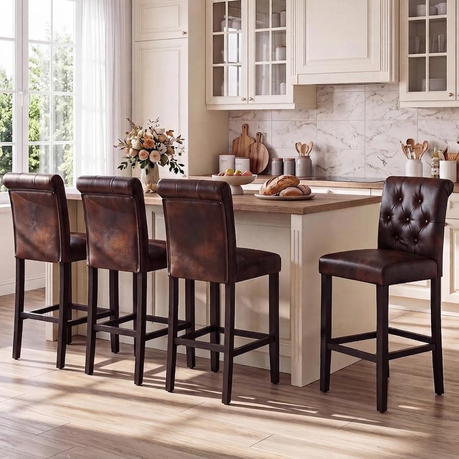 24in Leather Counter Stool, Set of 4, Brown