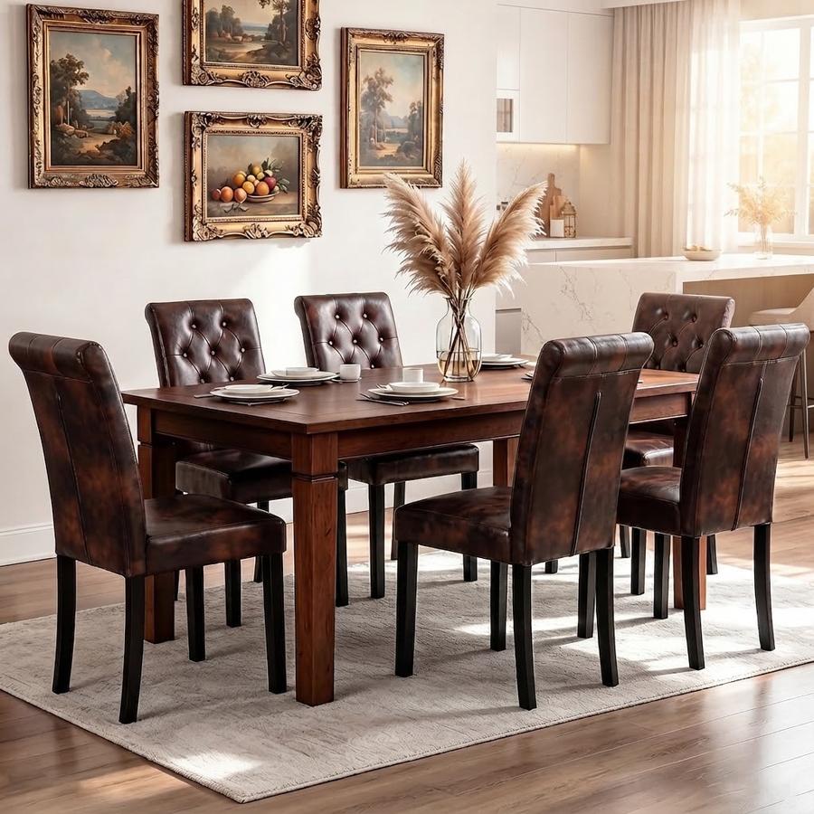 Button-Tufted Dining Chair, Set of 6, Vintage Brown