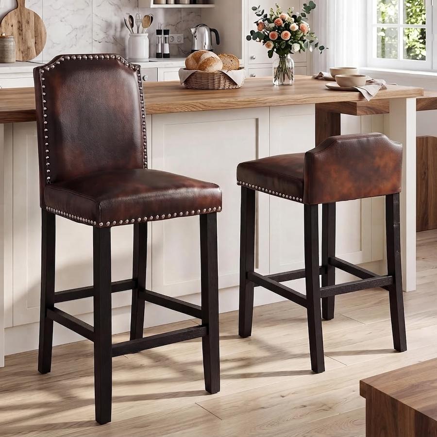 24in Rivet-Trim Counter Stool, Set of 2, Brown